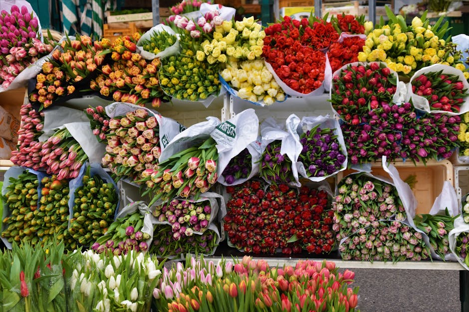 A vibrant display of various flower bouquets arranged on a retail shelf at a florist, featuring a diverse selection of seasonal blooms. The arrangement includes pink and white tulips at the front, wit