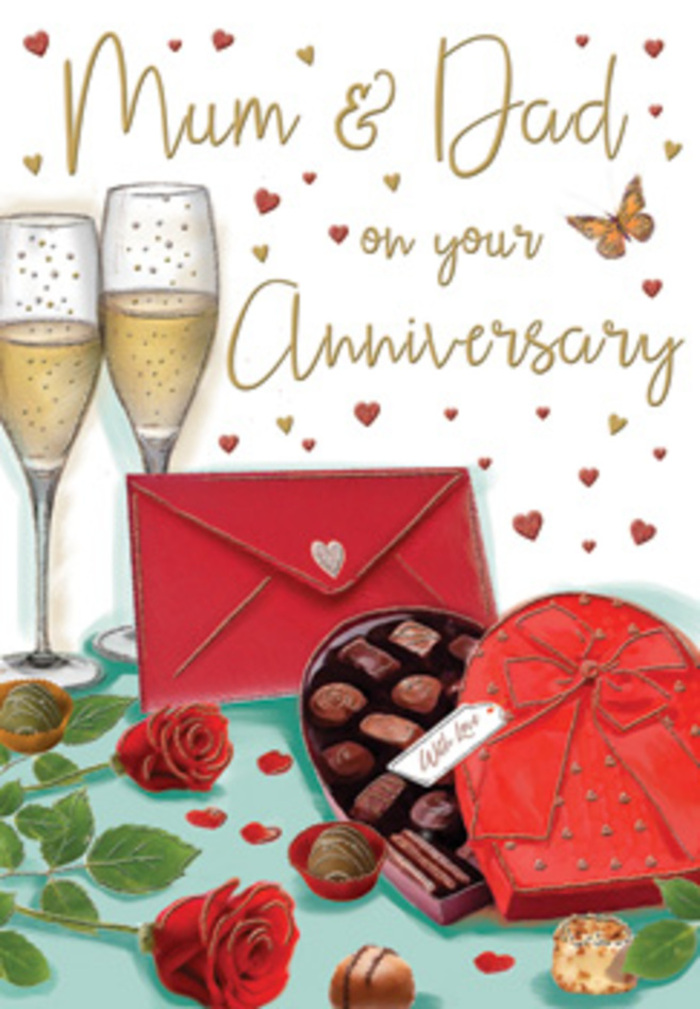 This illustrated anniversary card presents a carefully arranged still life that feels both indulgent and heartfelt, as if designed for parents unwinding after a happy day around Chalk Farm and Camden Lock. In the foreground, a pair of fully open red roses is placed on the tabletop, each bloom rendered with deep Crimson petals that curl outward in soft, velvety layers. Their lush green leaves fan out around them, giving a sense of freshly cut stems just separated from a bouquet. Nearby, a heart-shaped chocolate box becomes the central symbol of shared sweetness: it is coloured a vivid romantic red and finished with a luxuriant satin bow whose rounded loops and flowing tails drape over the box edges. The lid sits open to reveal an immaculate selection of assorted chocolates, each piece delicately shaded in different hues of brown, some with a gloss that hints at smooth ganache inside. A few chocolates rest outside the box, placed playfully on the table as if mid-treat. Just behind, two tall champagne flutes stand close together, slender stems aligned, filled with golden champagne that catches the light. Tiny bubbles rise steadily through the liquid, captured in mid-ascent like the moment immediately before a celebratory clink. Around this central grouping, small golden and crimson hearts and soft decorative swirls float against a warm, creamy background, lending the scene a dreamy, festive energy. The handwritten Mum & Dad greeting sits above or near the centre, its informal strokes adding intimacy and a sense of spoken affection. To one side, a bright scarlet envelope lies flat and sealed, hinting at a handwritten anniversary message tucked inside. The combination of roses, chocolates, champagne, and heartfelt words creates an atmosphere of gratitude, romance, and the quiet joy of another year spent side by side.