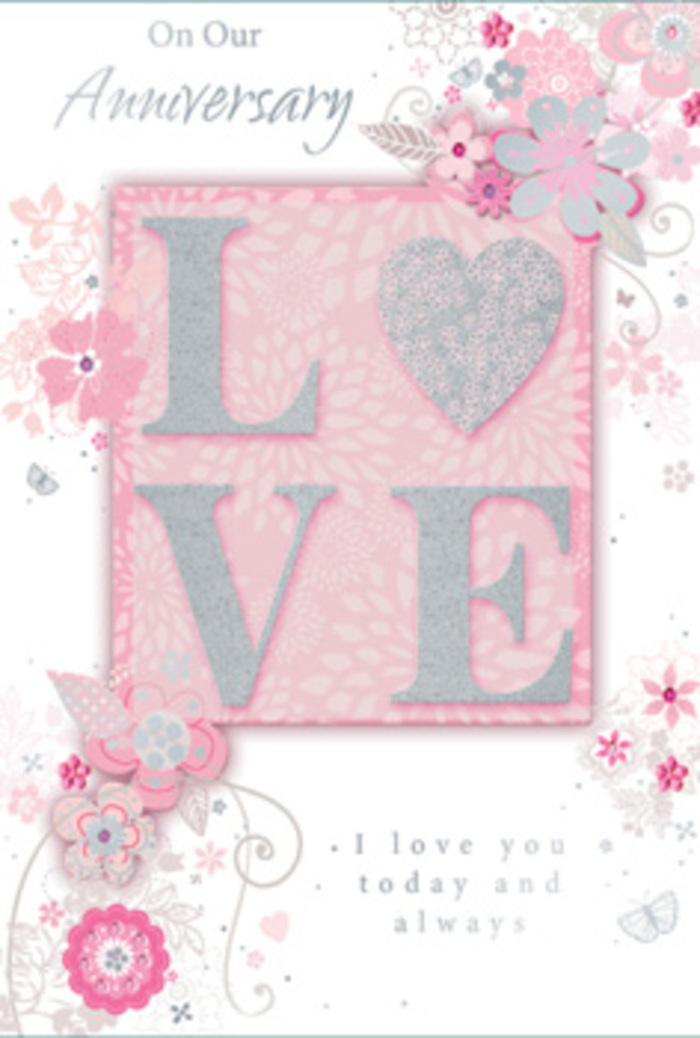 The anniversary card in this image unfolds like a tender whispered promise, set against a backdrop of soft blush, lilac-tinged pink, and creamy whites that echo the pastel blooms often seen in Chalk Farm window boxes. At its heart, the word LOVE is beautifully rendered in raised, frosted glitter, the letters slightly rounded and smooth to the touch. As the light moves, the frosted glitter shimmers with a refined sparkle, as subtle as the glow over Primrose Hill at sunset. Surrounding this central motif, an intricate border of hand-drawn flowers and foliage drifts along the top, bottom, and sides of the card. The blooms are airy and romantic, with petals in pale pinks, lilacs, and ivory softly blending into one another, and leaves picked out in muted greys and soft greens. Fine filigree lines weave between the flowers, forming delicate scrolls and loops that recall the careful curls of a florist's ribbon tied around a Chalk Farm Flowers bouquet. Tiny, almost-secret butterflies and scattered petals appear in the negative spaces, adding a gentle fluttering energy, as if a slight breeze from nearby Regent's Park has brushed across the card. Nestled within this floral framework is a quietly spoken message, such as I love you today and always, set in an understated, graceful typeface. The script is neither too bold nor too faint, blending seamlessly with the flowing floral artwork. The overall mood is one of peaceful devotion and everyday romance-like arriving home to find a hand-tied arrangement waiting on the table, a simple yet profound reminder of love in a Chalk Farm home.