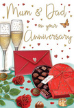The anniversary card artwork portrays a cosy, romantic celebration scene that feels at home in Chalk Farm, perhaps after a leisurely walk along the canal or an evening meal near Camden. At the centre of the image lie two red roses, their petals richly layered and shaded from deep wine tones at the core to slightly lighter crimson edges, suggesting fullness and softness. Surrounding leaves in glossy green arc naturally from the stems, providing a fresh contrast that recalls a carefully crafted bouquet being set down on a table. Close by sits an open heart-shaped box of chocolates, coloured in a bold, passionate red and adorned with an extravagant satin bow whose folds catch the imagined glow of lamplight. Inside, an array of chocolates is arranged in tidy rows, each piece distinguished by subtle differences in shape and shade, a few truffles drifting outward to rest temptingly on the table's surface. Behind this inviting display, two elegant champagne flutes stand together, their clear glass filled with pale golden champagne. The bubbles rise in delicate streams, frozen in place to reflect the moment just before an anniversary toast is made. Scattered throughout the background are tiny crimson and gold hearts, some softly blurred, others more defined, creating a sense of movement and joy. The greeting Mum & Dad appears in warm, handwritten-style lettering that adds a personal touch, as though spoken aloud. A bright red envelope rests to one side, cleanly sealed, hinting at a thoughtful, handwritten message folded carefully within. With its warm cream background and gentle highlights on the petals, ribbon, and glass, the composition radiates intimacy, comfort, and the enduring sweetness of long-shared love.